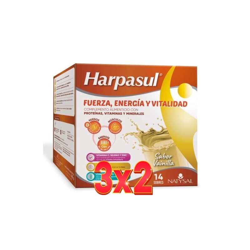 Pack de 3x2 unidades Batido Harpasul Fuerza, Energia Y Vitalidad Sabor Vainilla 14 Sobres Natysal