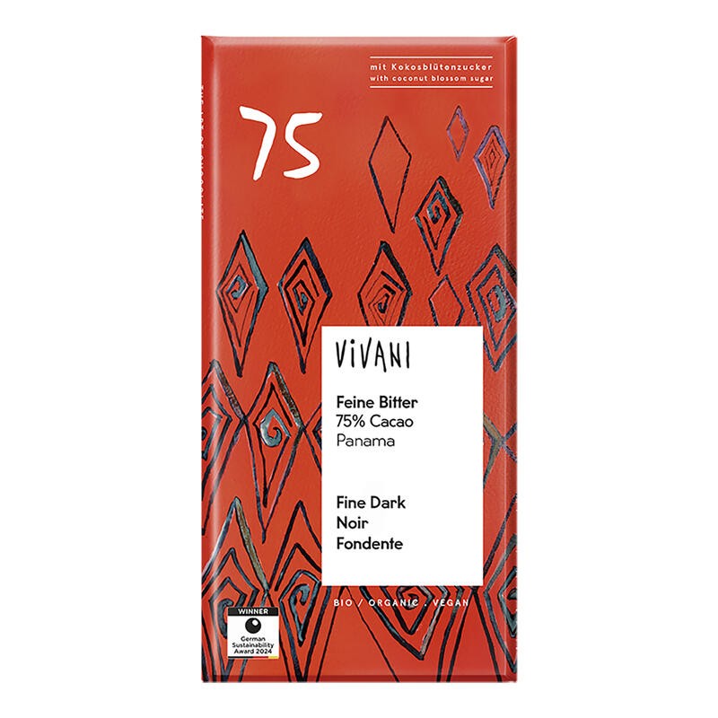 Chocolate Negro 75% Panamá Con Azúcar De Coco Bio, 80 G Vivani Chocolate Negro 75% Panamá Con Azúcar De Coco Bio, 80 G Vivani