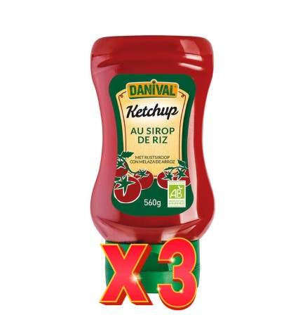 Pack de 3 unidades Ketchup Sin Azúcar Con Sirope De Arroz Bio, 560 G Danival