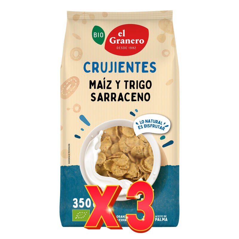 Pack de 3 unidades Copos Crujientes De Maíz Y Trigo Sarraceno Bio, 350 G El Granero Integral