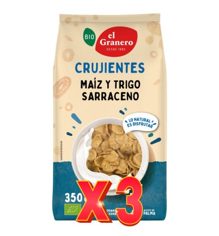 Pack de 3 unidades Copos Crujientes De Maíz Y Trigo Sarraceno Bio, 350 G El Granero Integral