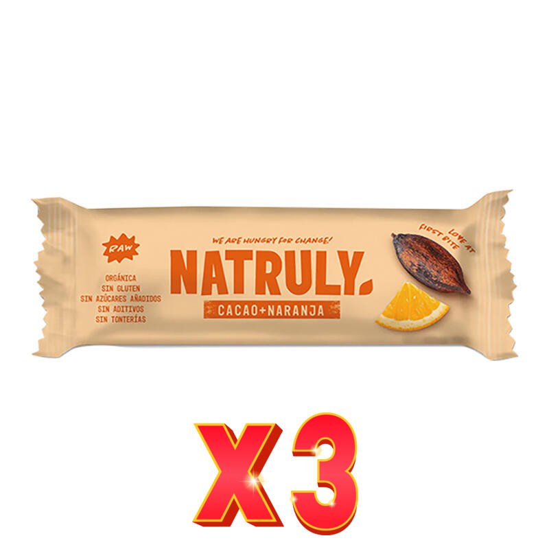 Pack de 3 unidades Barrita Raw Cacao Y Naranja Bio 40 Gramos Natruly