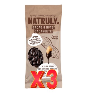 Pack de 3 unidades Cacao Nuts Cacahuete Recubierto De Chocolate Negro, 50 G Natruly