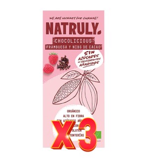 Pack de 3 unidades Tableta Chocolate Con Frambuesa Y Nibs Cacao Bio, 85 G Natruly