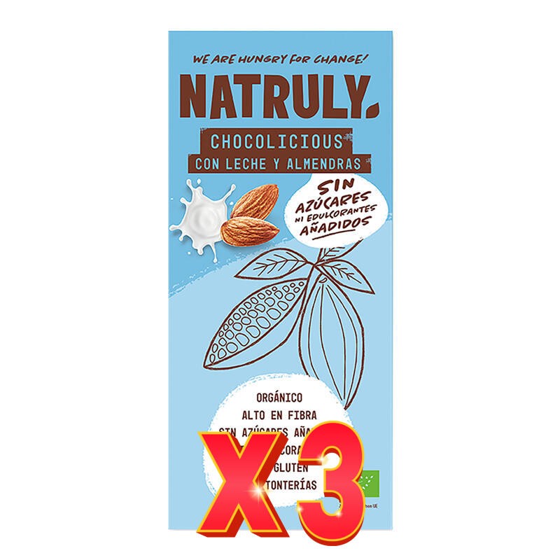 Pack de 3 unidades Tableta Chocolate Con Leche Con Almendras Bio, 85 G Natruly Pack de 3 unidades Tableta Chocolate Con Leche Con Almendras Bio, 85 G Natruly
