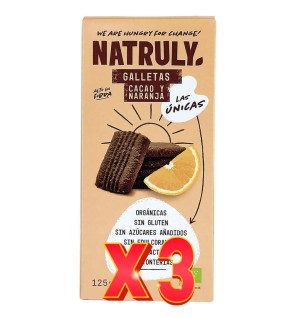 Pack de 3 unidades Galletas Cacao Naranja Sin Gluten Bio, 125 G Natruly