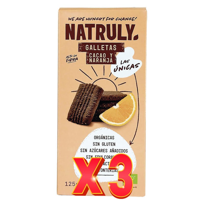 Pack de 3 unidades Galletas Cacao Naranja Sin Gluten Bio, 125 G Natruly