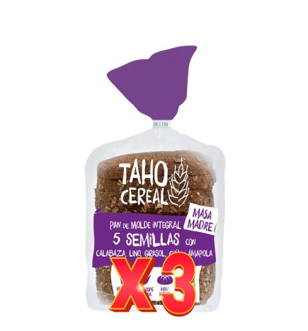 Pack de 3 unidades Pan De Molde Integral 5 Semillas Con Masa Madre Bio, 400 G Taho Cereal