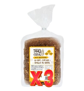 Pack de 3 unidades Pan De Molde Integral Con Maíz, Cúrcuma Y Pipas De Girasol , 400 G Taho Cereal