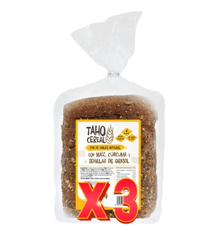Pack de 3 unidades Pan De Molde Integral Con Maíz, Cúrcuma Y Pipas De Girasol , 400 G Taho Cereal