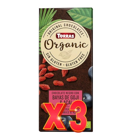 Pack de 3 unidades Chocolate Negro Con Bayas De Goji Y Acai Bio, 100 G Torras