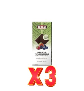 Pack de 3 unidades Chocolate Negro Con Frutos Del Bosque Con Stevia, 125 G Torras
