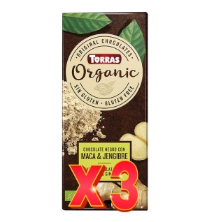 Pack de 3 unidades Chocolate Negro Con Maca Y Jengibre Bio, 100 G Torras