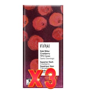 Pack de 3 unidades Chocolate Negro 70% Con Arándanos Bio, 80 G Vivani