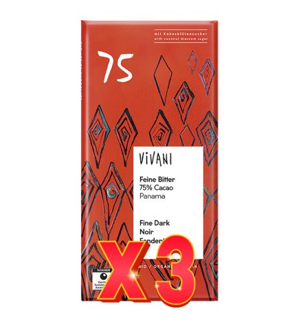 Pack de 3 unidades Chocolate Negro 75% Panamá Con Azúcar De Coco Bio, 80 G Vivani