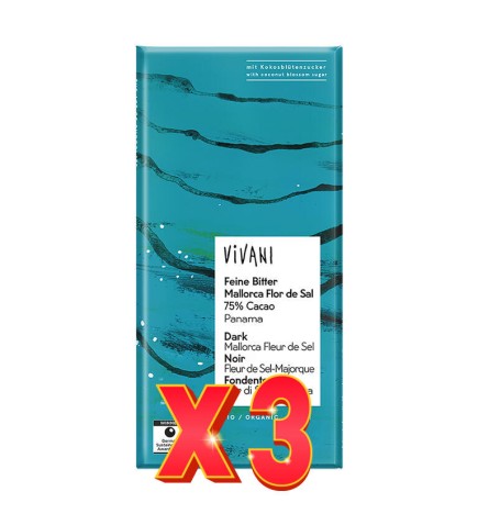 Pack de 3 unidades Chocolate Negro 75% Panamá Con Flor De Sal De Mallorca Bio, 80 G Vivani