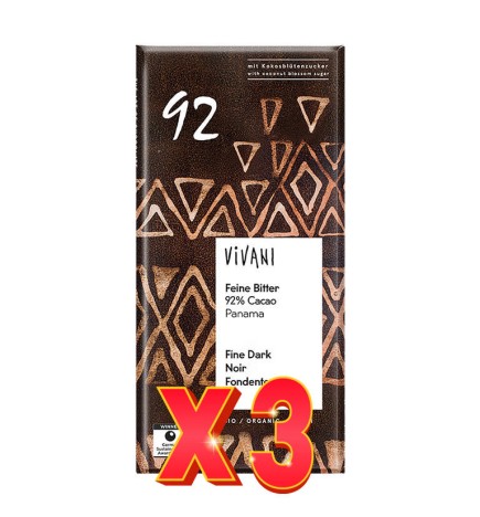 Pack de 3 unidades Chocolate Negro 92% Panamá Con Azúcar De Coco Bio, 80 G Vivani