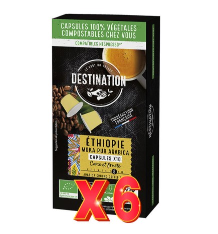 Pack 6 unidades Cápsulas Biodegradables Moka Pur Arábica Ethiopia Bio, 10X5.5 G Destination
