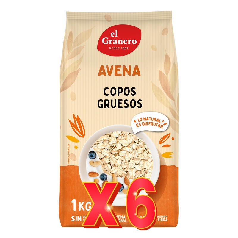 Pack 6 unidades Copos Gruesos De Avena Integral, 1 Kg El Granero Integral