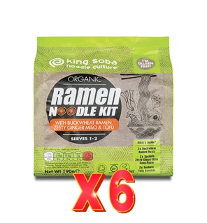 Pack 6 unidades Kit De Noodels Ramen (T. Sarraceno, Jengibre, Miso Y Tofu) Sin Gluten Bio, 190 G King Soba