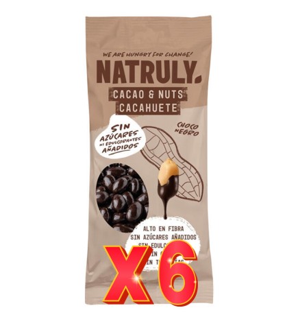 Pack 6 unidades Cacao Nuts Cacahuete Recubierto De Chocolate Negro, 50 G Natruly