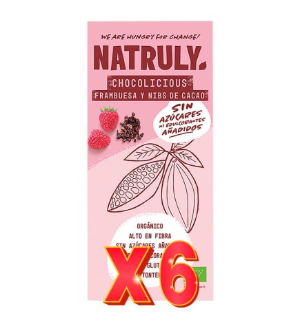 Pack 6 unidades Tableta Chocolate Con Frambuesa Y Nibs Cacao Bio, 85 G Natruly