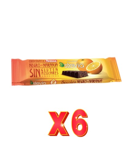 Pack 6 unidades Caja de 24 de Barritas Chocolatina Negra Con Naranja Y Stevia Sin Gluten, 35 G Torras