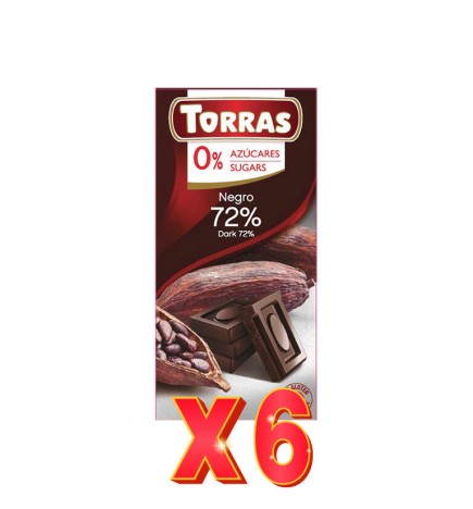 Pack 6 unidades Chocolate Negro 72% Cacao Sin Azúcar 75 G Torras