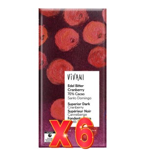 Pack 6 unidades Chocolate Negro 70% Con Arándanos Bio, 80 G Vivani
