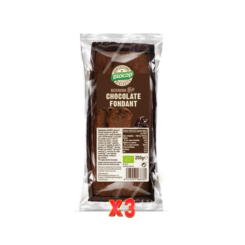 Pack de 3 unidades Bizcocho Chocolate Fondant Biocop 250G Biocop