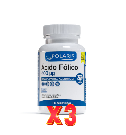 Pack de 3 unidades Acido Folico 400 Mcg 100 Comprimidos Polaris