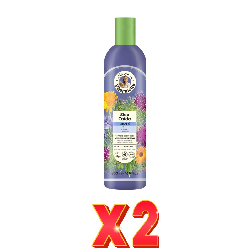 Pack de 2 unidades "Champú Stop Caida Para Todo Tipo De Cabello Con Romero Aromático Y Bardana Nutritiva, 500Ml" Mama Pharmelia