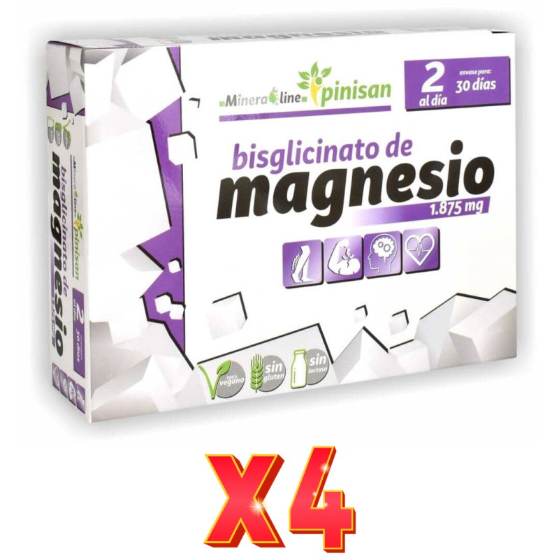 Pack de 4 unidades Bisglicinato De Magnesio 60 Cápsulas Pinisan