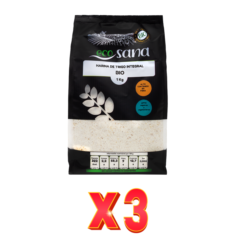 Pack de 3 unidades Harina Trigo Integral Bio 1Kg Ecosana Drasanvi Pack de 3 unidades Harina Trigo Integral Bio 1Kg Ecosana Drasanvi