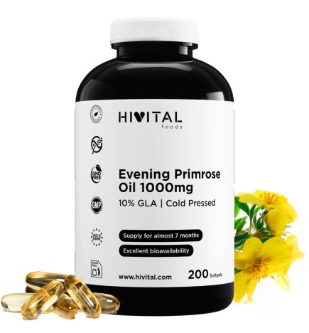 Evening Primrose Oil 1000mg (Aceite de Onagra) 200 Perlas de Aceite Vegetal Hivital