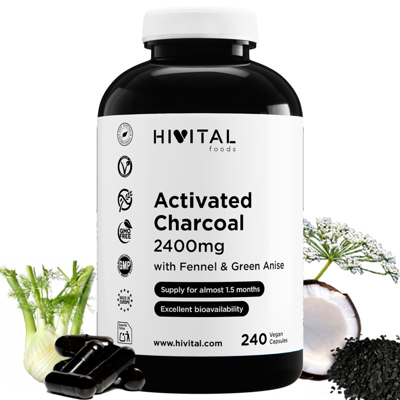 Carbón Activado 2400 mg 240 Cápsulas Veganas Hivital
