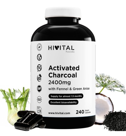 Carbón Activado 2400 mg 240 Cápsulas Veganas Hivital