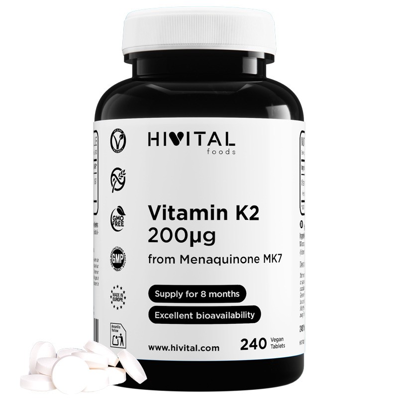 Vitamina K2 MK7 200 mcg 240 Comprimidos Veganos Hivital