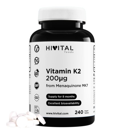 Vitamina K2 MK7 200 mcg 240 Comprimidos Veganos Hivital