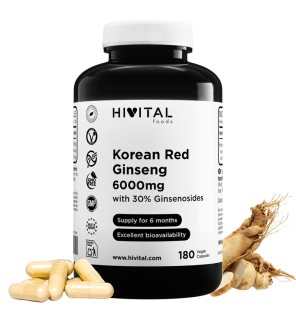 Panax Ginseng Rojo Coreano 6000 mg 180 Cápsulas Veganas Hivital