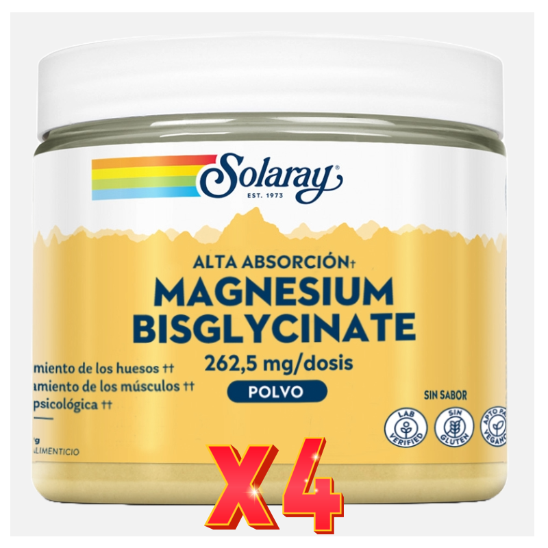 Pack de 4 unidades Magnesio Bisglycinate 179 Gramos Solaray Pack de 4 unidades Magnesio Bisglycinate 179 Gramos Solaray