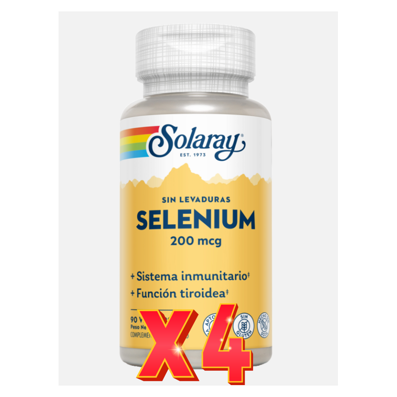 Pack de 4 unidades Selenium Sin Levaduras 200 Mcg 90 Capsulas Solaray