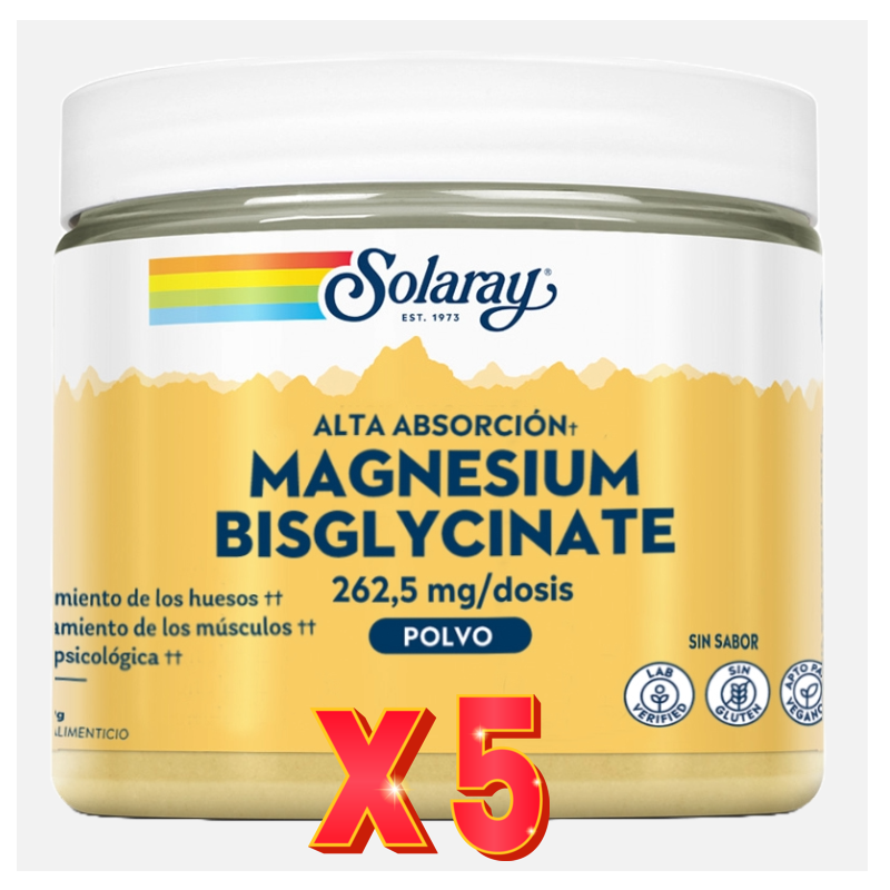Pack de 5 unidades Magnesio Bisglycinate 179 Gramos Solaray Pack de 5 unidades Magnesio Bisglycinate 179 Gramos Solaray