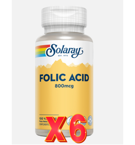 Pack 6 unidades Acido Folico 800 Mcg. 100 Capsulas Solaray