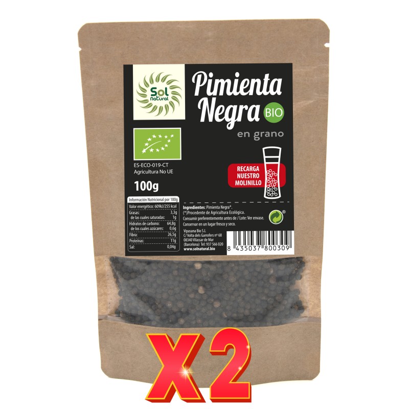 Pack de 2 unidades Pimienta Negra En Grano Bio 100 G Sol Natural Pack de 2 unidades Pimienta Negra En Grano Bio 100 G Sol Natural