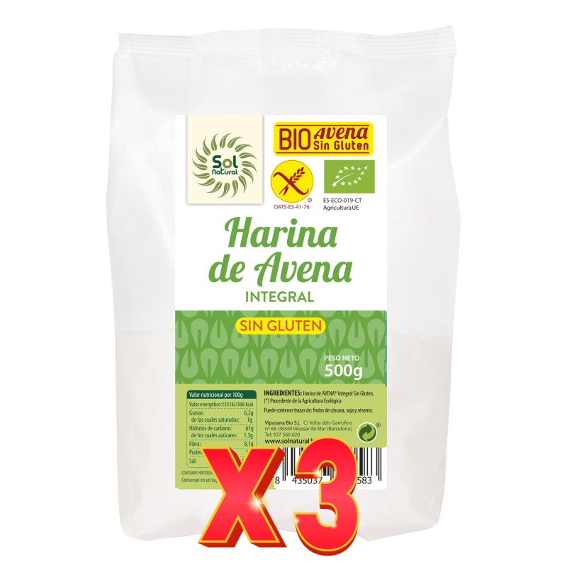 Pack 3 unidades Harina De Avena Sin Gluten Bio 500 G Sol Natural