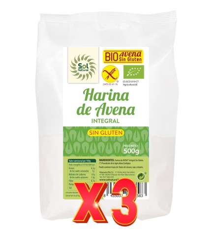Pack 3 unidades Harina De Avena Sin Gluten Bio 500 G Sol Natural