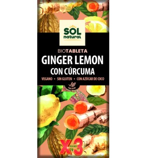 Pack 3 unidades Tableta Chocolate Jengibre Limón Y Cúrcuma Bio 70 G Sol Natural