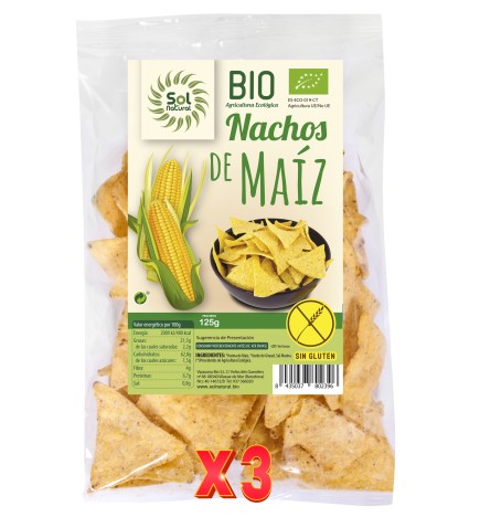 Pack 3 unidades Nachos De Maíz Natural Sin Gluten Bio 125 G Sol Natural