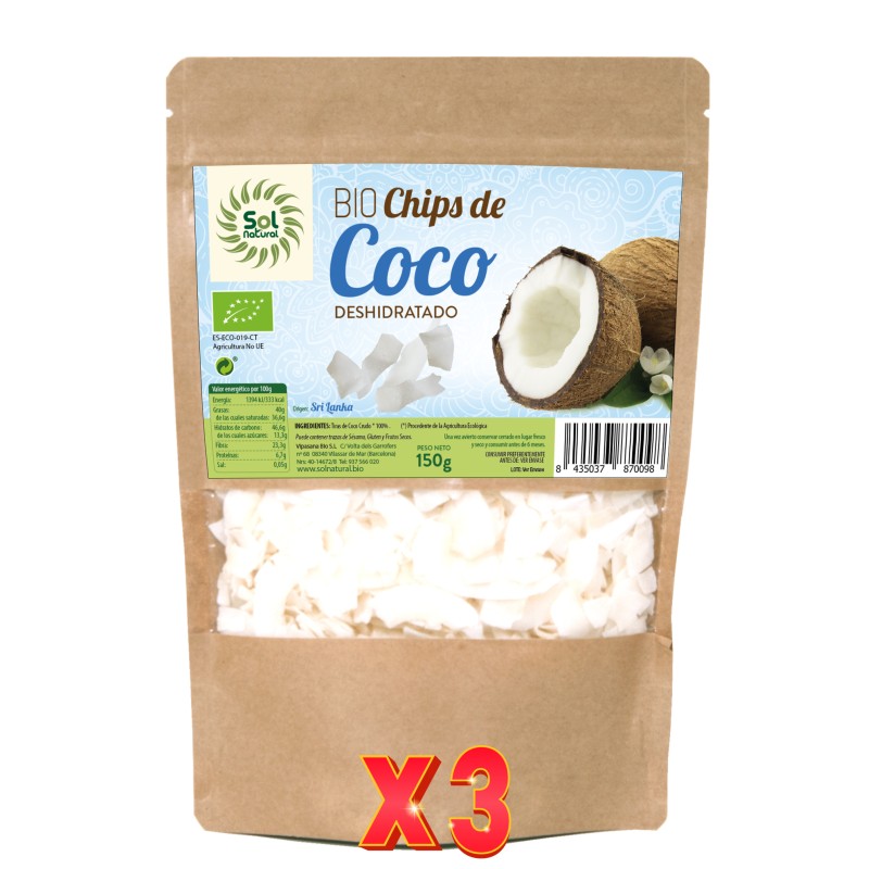 Pack 3 unidades Chips De Coco Bio Sri Lanka Bolsa 150 G Sol Natural